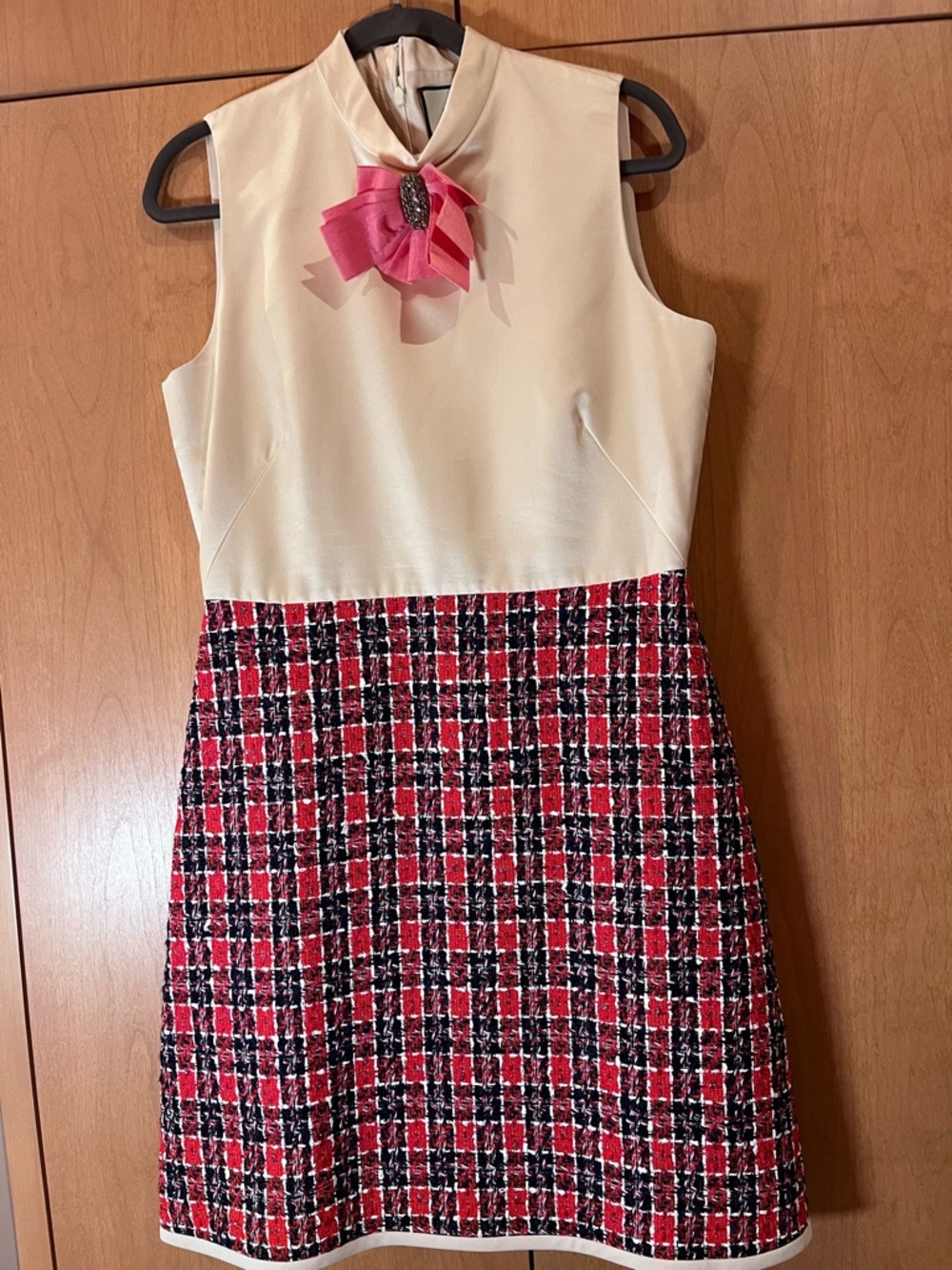 Gucci Cream Sleeveless Top with Red and Black Plaid Tweed Dress and Pink Bow